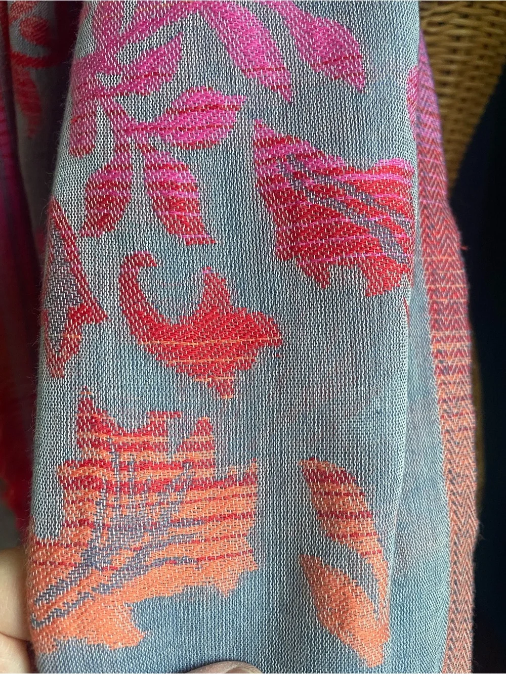 J Jill Very Pretty Ombré Leaves Scarf Jacquard Pink Orange Grey Fringe